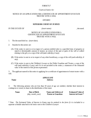 Thumbnail of Ontario Form Notice Of An Application For A Certificate Of Appointment Of Estate Trustee With A Will (Effective 4/6/2021)