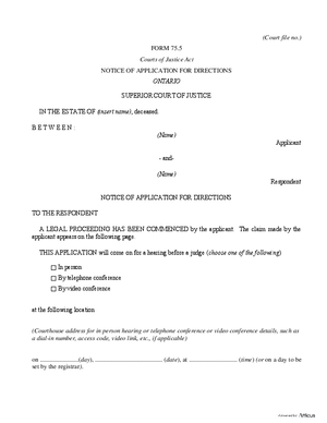 Thumbnail of Ontario Form Notice Of Application For Directions (Effective 1/1/2021)