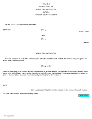 Thumbnail of Ontario Form Notice Of Contestation (Effective 7/1/2008)