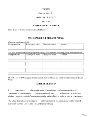 Thumbnail of Ontario Form Notice Of Objection (Effective 4/1/2021)