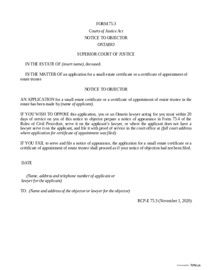 Thumbnail of Ontario Form Notice To Objector (Effective 4/1/2021)