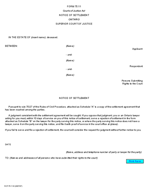 Thumbnail of Ontario Form Notice Of Settlement (Effective 7/1/2008)