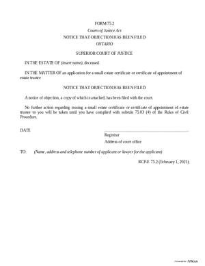 Thumbnail of Ontario Form Notice That Objection Has Been Filed (Effective 4/6/2021)