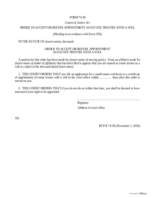 Thumbnail of Ontario Form Order To Accept Or Refuse Appointment As Estate Trustee With A Will (Effective 4/1/2021)