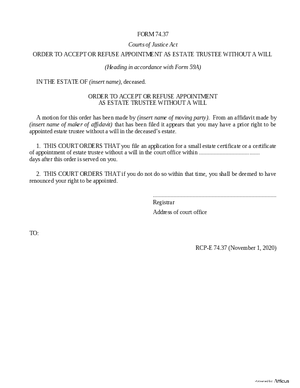 Thumbnail of Ontario Form Order To Accept Or Refuse Appointment As Estate Trustee Without A Will (Effective 4/1/2021)
