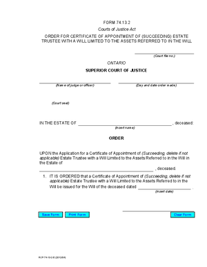 Thumbnail of Ontario Form Order For A Certificate Of Appointment Of (Succeeding) Estate Trustee With A Will Limited To The Assets Referred To In The Will (Effective 7/1/2012)
