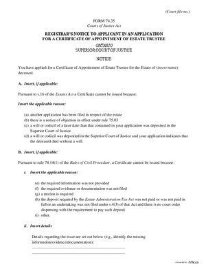 Thumbnail of Ontario Form Registrar’s Notice To Applicant In An Application For A Certificate Of Appointment Of Estate Trustee (Effective 1/8/2021)