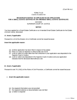 Thumbnail of Ontario Form Registrar’s Notice To Applicant In An Application For A Small Estate Certificate Or Amended Small Estate Certificate (Effective 4/1/2021)