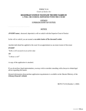 Thumbnail of Ontario Form Registrar’s Notice To Estate Trustee Named In A Will Or Codicil Deposited With The Court (Effective 1/8/2021)