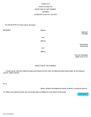 Thumbnail of Ontario Form Rejection Of Settlement (Effective 7/1/2008)