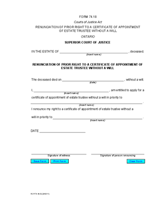 Thumbnail of Ontario Form Renunciation Of Prior Right To A Certificate Of Appointment Of Estate Trustee Without A Will (Effective 11/1/2010)