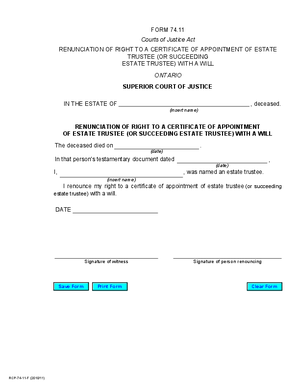 Thumbnail of Ontario Form Renunciation Of Right To A Certificate Of Appointment Of Estate Trustee (Or Succeeding Estate Trustee) With A Will (Effective 7/1/2006)
