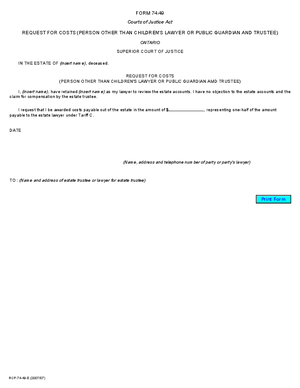 Thumbnail of Ontario Form Request For Costs (Person Other Than Children’s Lawyer Or Public Guardian And Trustee) (Effective 7/1/2008)