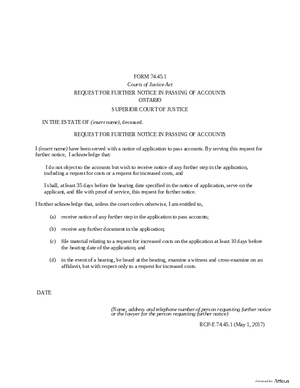 Thumbnail of Ontario Form Request For Further Notice In Passing Of Accounts (Effective 7/1/2017)