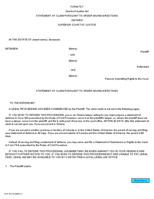 Thumbnail of Ontario Form Statement Of Claim Pursuant To Order Giving Directions (Effective 7/1/2006)
