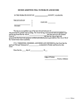 Thumbnail of Alabama Form Decree Admitting Will To Probate And Record