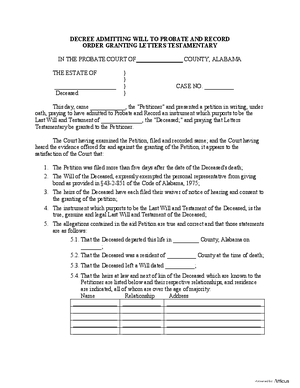 Thumbnail of Alabama Form Decree Admitting Will To Probate And Record Order Granting Letters Testamentary