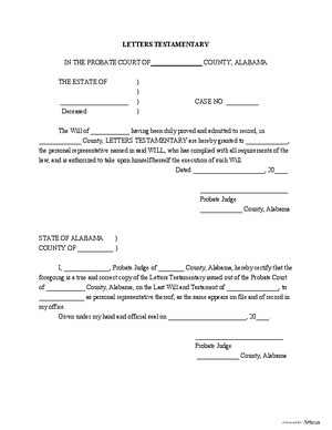 Thumbnail of Alabama Form Letters Testamentary