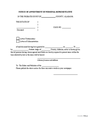 Thumbnail of Alabama Form Notice Of Appointment Of Personal Representative