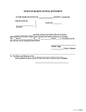 Thumbnail of Alabama Form Notice Of Hearing On Final Settlement