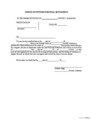 Thumbnail of Alabama Form Notice Of Petition For Final Settlement
