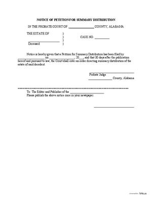 Thumbnail of Alabama Form Notice Of Petition For Summary Distribution