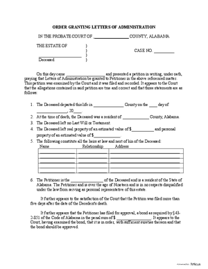 Thumbnail of Alabama Form Order Granting Letters Of Administration
