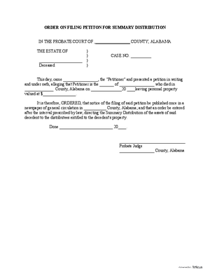 Thumbnail of Alabama Form Order On Filing Petition For Summary Distribution