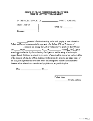 Thumbnail of Alabama Form Order On Filing Petition To Probate Will And For Letters Testamentary