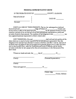 Thumbnail of Alabama Form Personal Representative's Bond