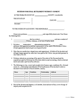 Thumbnail of Alabama Form Petition For Final Settlement Without Consent
