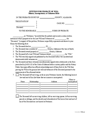Thumbnail of Alabama Form Petition For Probate Of Will - Minors, Incompetents, Or Unknown Heirs