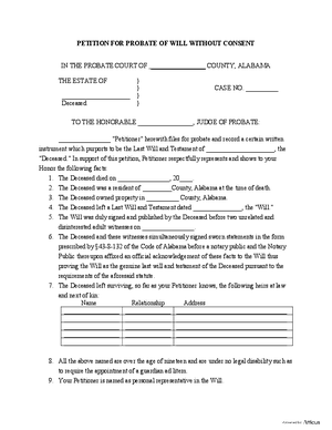 Thumbnail of Alabama Form Petition For Probate Of Will Without Consent