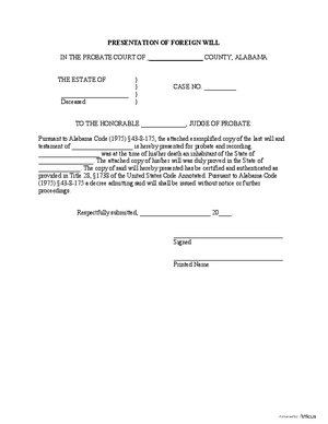 Thumbnail of Alabama Form Presentation Of Foreign Will