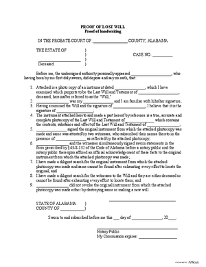 Thumbnail of Alabama Form Proof Of Lost Will - Proof Of Handwriting