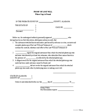 Thumbnail of Alabama Form Proof Of Lost Will Where Copy Is Found