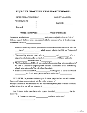 Thumbnail of Alabama Form Request For Deposition Of Subscribing Witness To Will