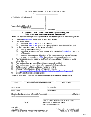Thumbnail of Alaska Form Acceptance Of Duties And Letters Testamentary