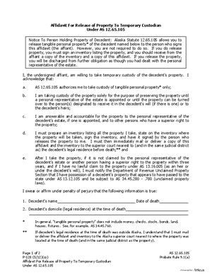 Thumbnail of Alaska Form Affidavit For Release Of Property To Temporary Custodian Under As 12.65.105