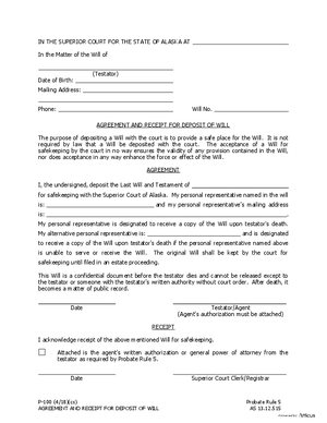 Thumbnail of Alaska Form Agreement And Receipt For Deposit Of Will