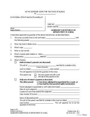 Thumbnail of Alaska Form Guardian's Acceptance Of Appointment In A Will