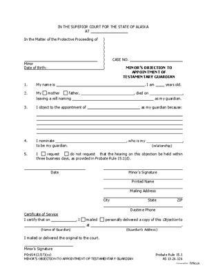Thumbnail of Alaska Form Minor's Objection To Appointment Of Testamentary Guardian