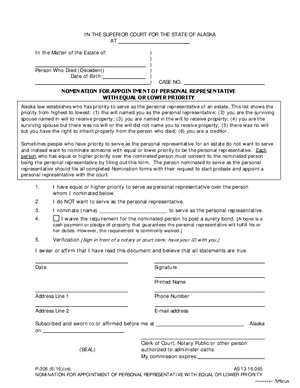 Thumbnail of Alaska Form Nomination For Appointment Of Personal Representative With Lower Priority