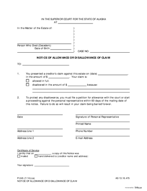 Thumbnail of Alaska Form Notice Of Allowance Or Disallowance Of Claim