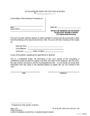 Thumbnail of Alaska Form Notice Of Hearing On Petition To Receive Minor's Funds (To Interested Persons)