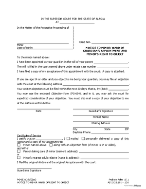 Thumbnail of Alaska Form Notice To Minor Ward Of Guardian's Appointment And Minor's Right To Object
