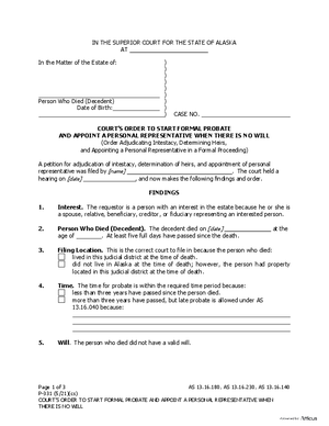 Thumbnail of Alaska Form Order Starting Formal Probate And Appointing Pr When There Is No Will