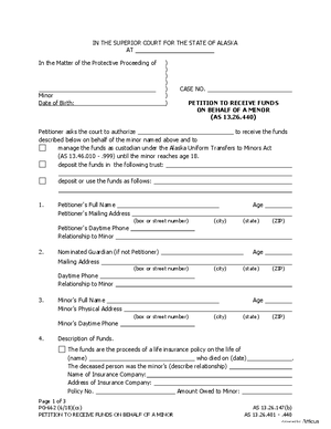 Thumbnail of Alaska Form Petition To Receive Funds On Behalf Of A Minor