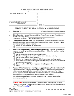 Thumbnail of Alaska Form Request To Be Appointed As A Co-personal Representative