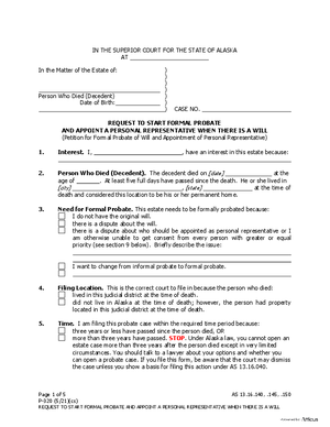 Thumbnail of Alaska Form Request To Start Formal Probate And Appoint A Personal Representative When There Is A Will